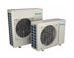 Daikin mini-split condensers displayed for size comparison from a Daikin Fit dealer